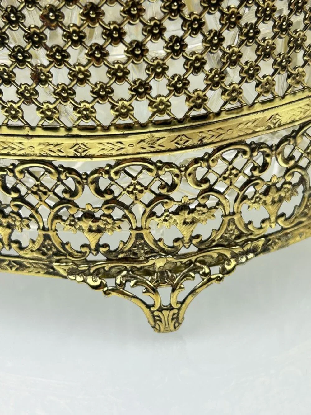 Gold Filigree Ormolu Rose Trash Can Waste Bin Clear Liner Hollywood Regency MCM